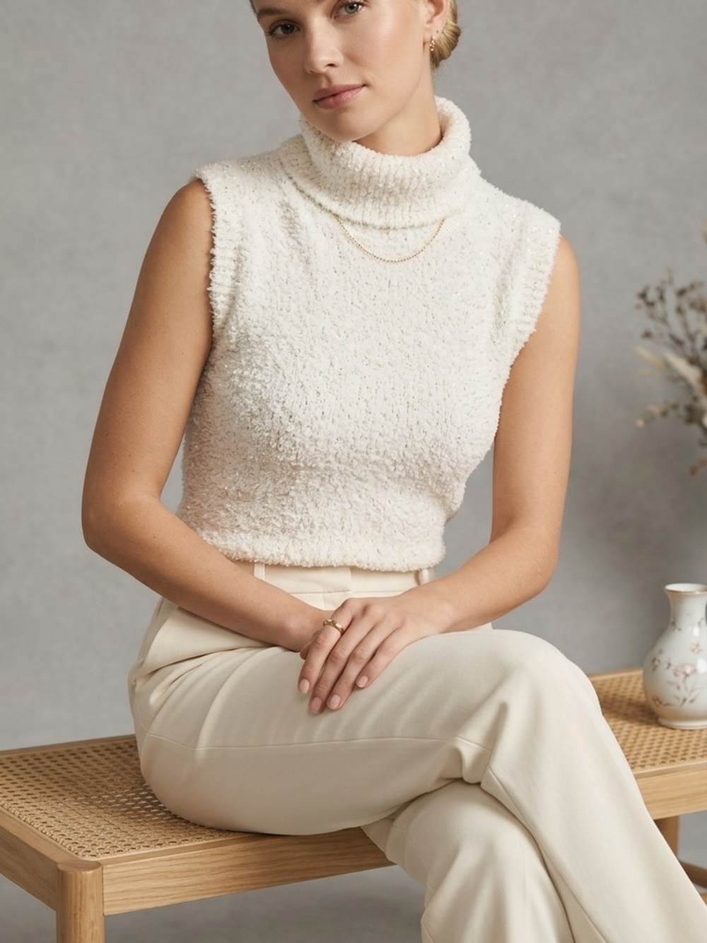 Fuzzy Bouclé Knit White Turtleneck Top Sleeveless Clean Girl Quiet Luxury